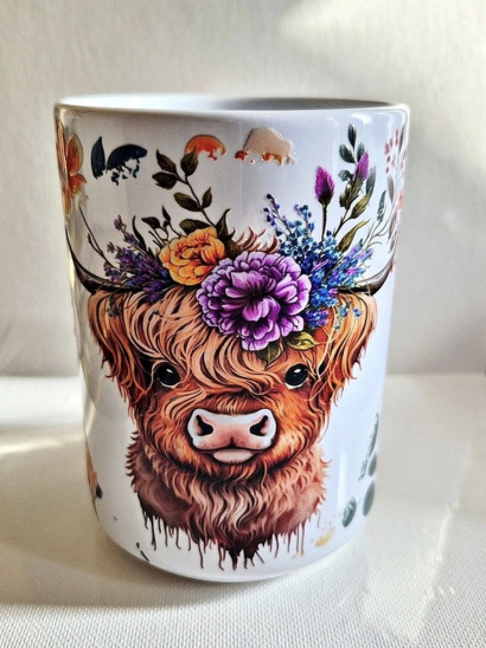 🏷3/$12 Floral Highland Cow 15oz Mug in White Custom